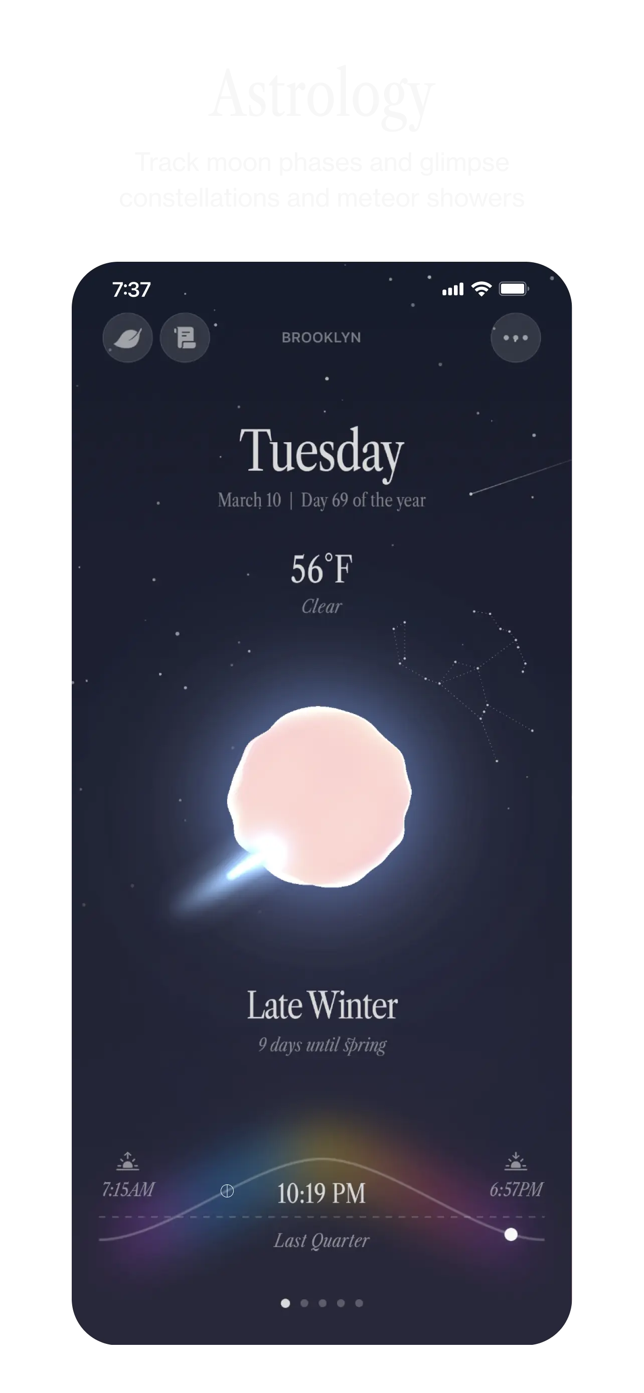 Ambient Almanac app screen: Astrology. Track moon phases and glimpse constellations and meteor showers