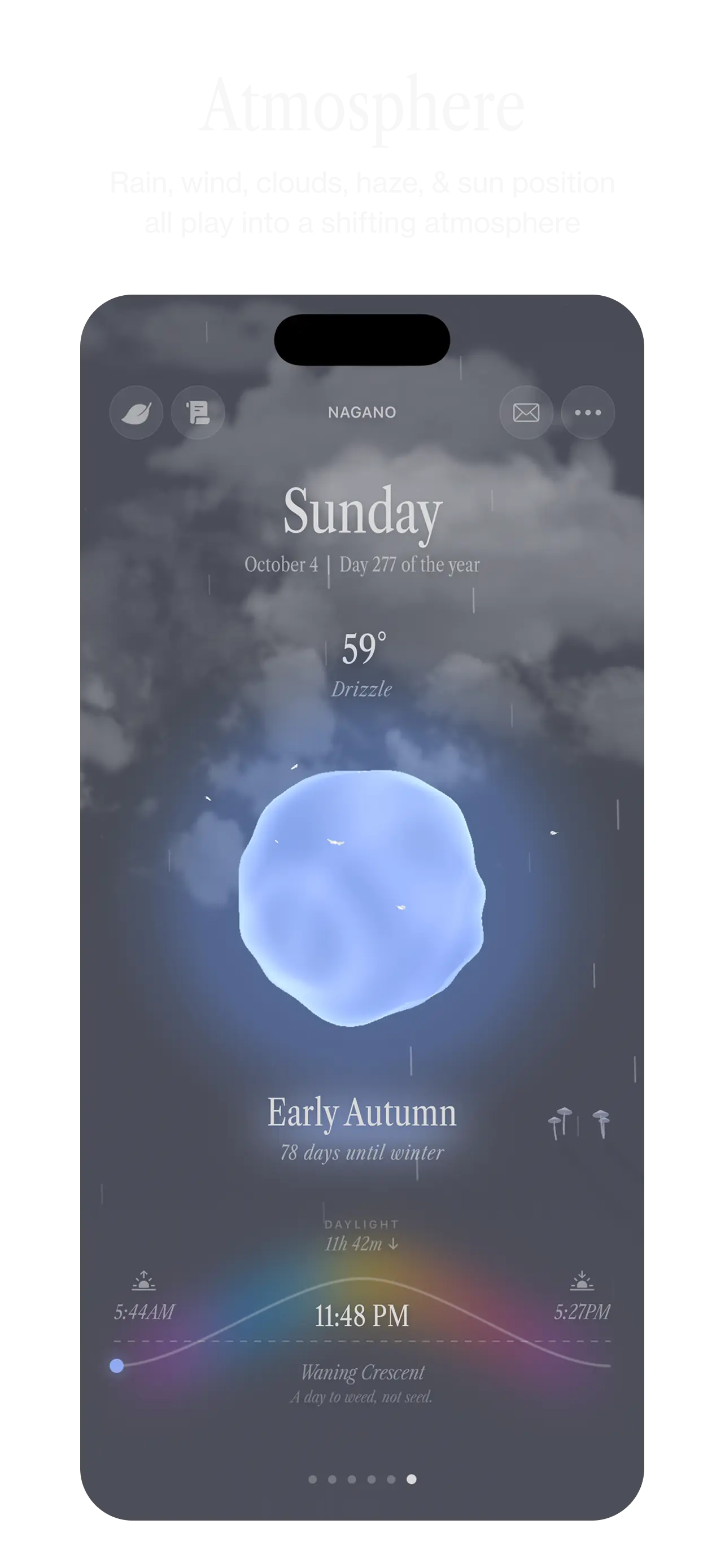 Ambient Almanac app screen: Atmosphere. Rain, wind, clouds, haze, and sun position all play into a shifting atmosphere