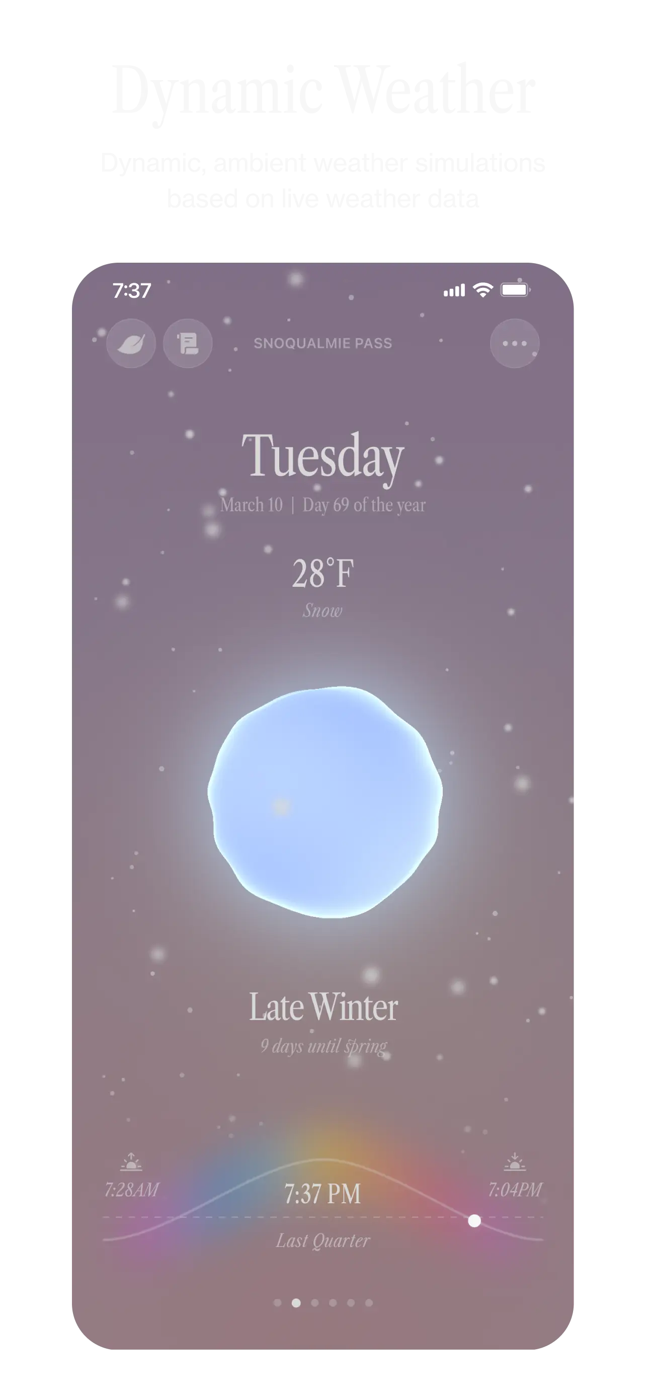 Ambient Almanac app screen: Dynamic Weather. Dynamic, ambient weather simulations based on live weather data