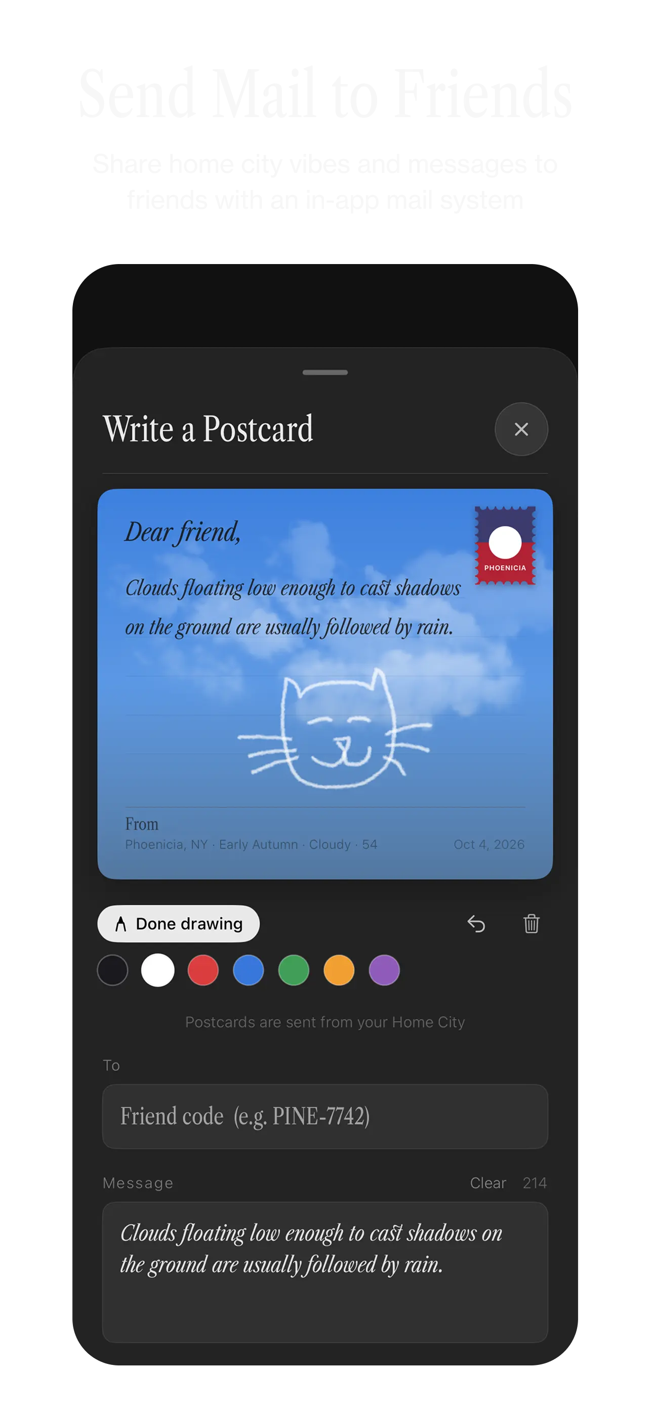 Ambient Almanac app screen: Send Mail to Friends. Share home city vibes and messages to friends with an in-app mail system