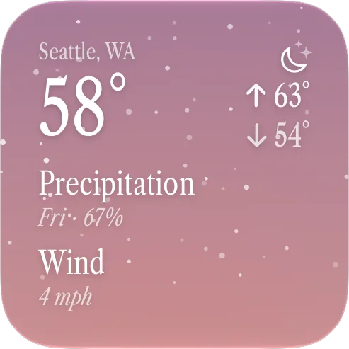 Seattle, WA weather widget showing 58°, high 63° and low 54°, precipitation 67% Friday, and wind 4 mph