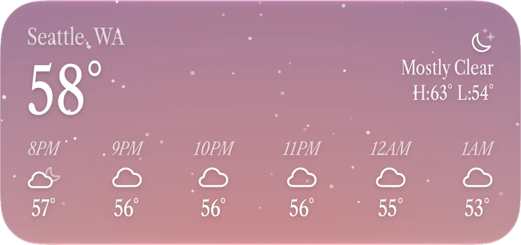 Seattle, WA weather widget showing 58° and mostly clear, high 63° low 54°, with an hourly forecast from 8PM to 1AM