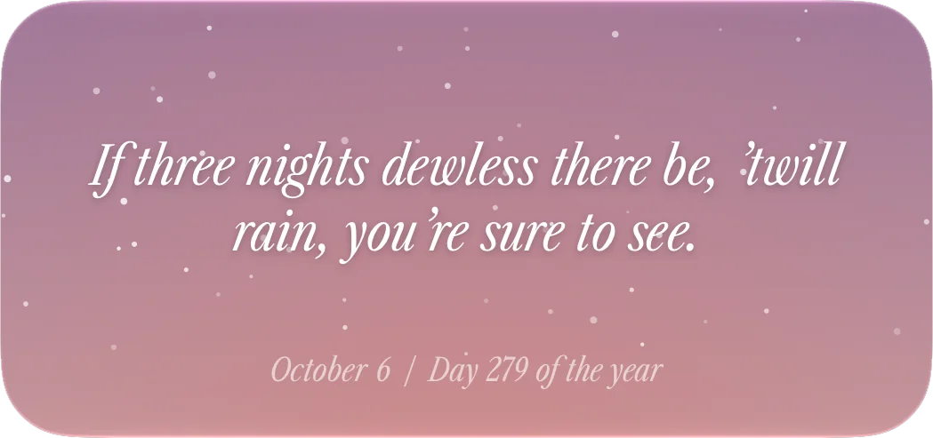 Folklore widget: "If three nights dewless there be, 'twill rain, you're sure to see." October 6, day 279 of the year
