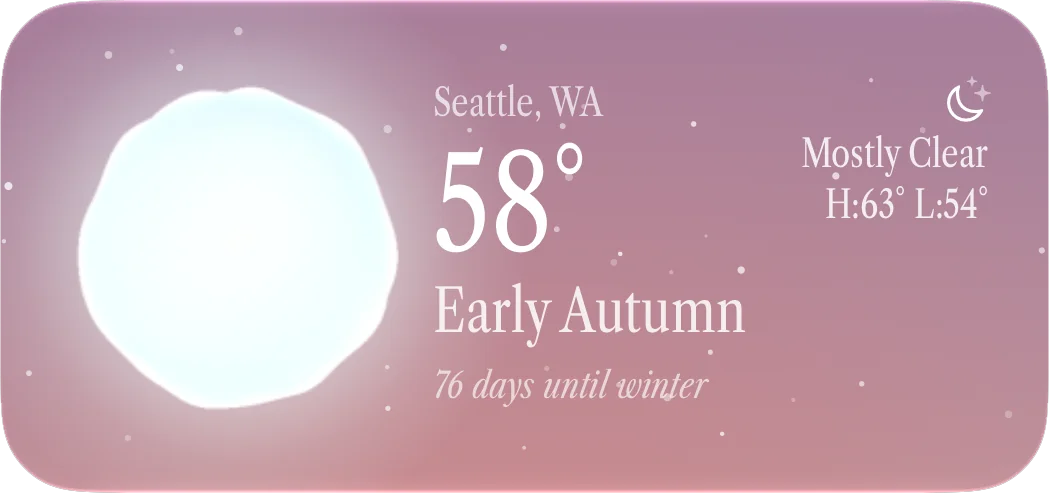 Seattle, WA orb widget showing 58°, mostly clear, high 63° low 54°, Early Autumn, 76 days until winter